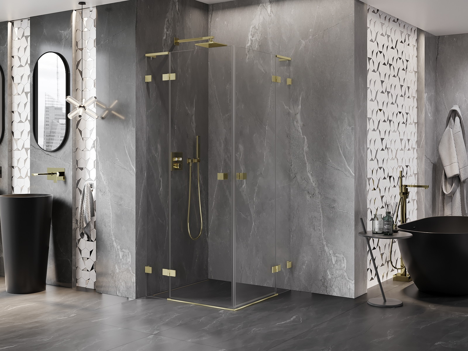 Mexen Lunar L Duo pivot shower enclosure 120 x 120 cm, transparent, brushed gold - 834L-120L-120P-55-00